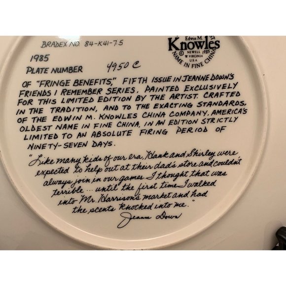 1985 Knowles Plate - Fringe Benefits - Friends I Remember - Jeanne Down - 8.5" - Picture 7 of 9